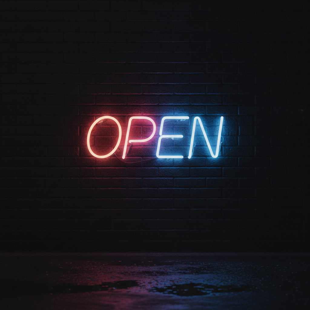 Neon sign typography from the AI typography generator: the word OPEN bent from pink and blue neon tubing on a dark brick wall, reflected in wet pavement below
