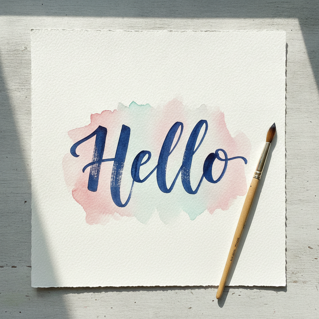 Brush lettering made with AI: the word Hello hand-painted in deep indigo modern brush script over a loose pink and teal watercolour wash on textured paper, with a paintbrush beside it