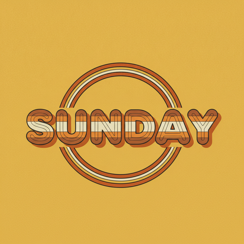 Retro typography from the AI typography generator: the word SUNDAY in fat 1970s rounded capitals banded in orange, brown and cream, inside a striped circle on a mustard background