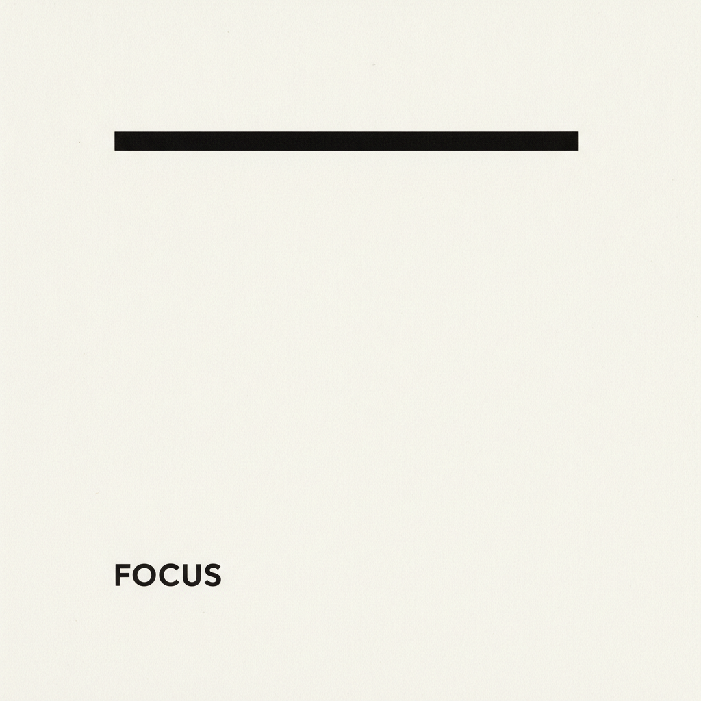 Swiss minimal typography made with AI: the word FOCUS set small in condensed black grotesque capitals in the lower left of an off-white poster, with a thick black bar across the upper third