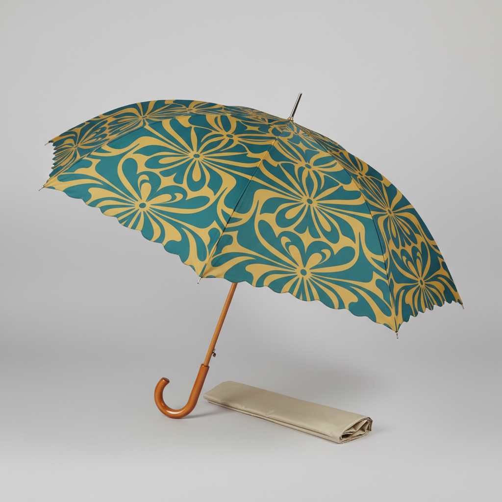 AI umbrella design generator result: an open stick umbrella in teal and mustard, where an art nouveau floral asked for as one motif per panel came back as a single continuous all-over print, so the seams run straight through the middle of the flowers