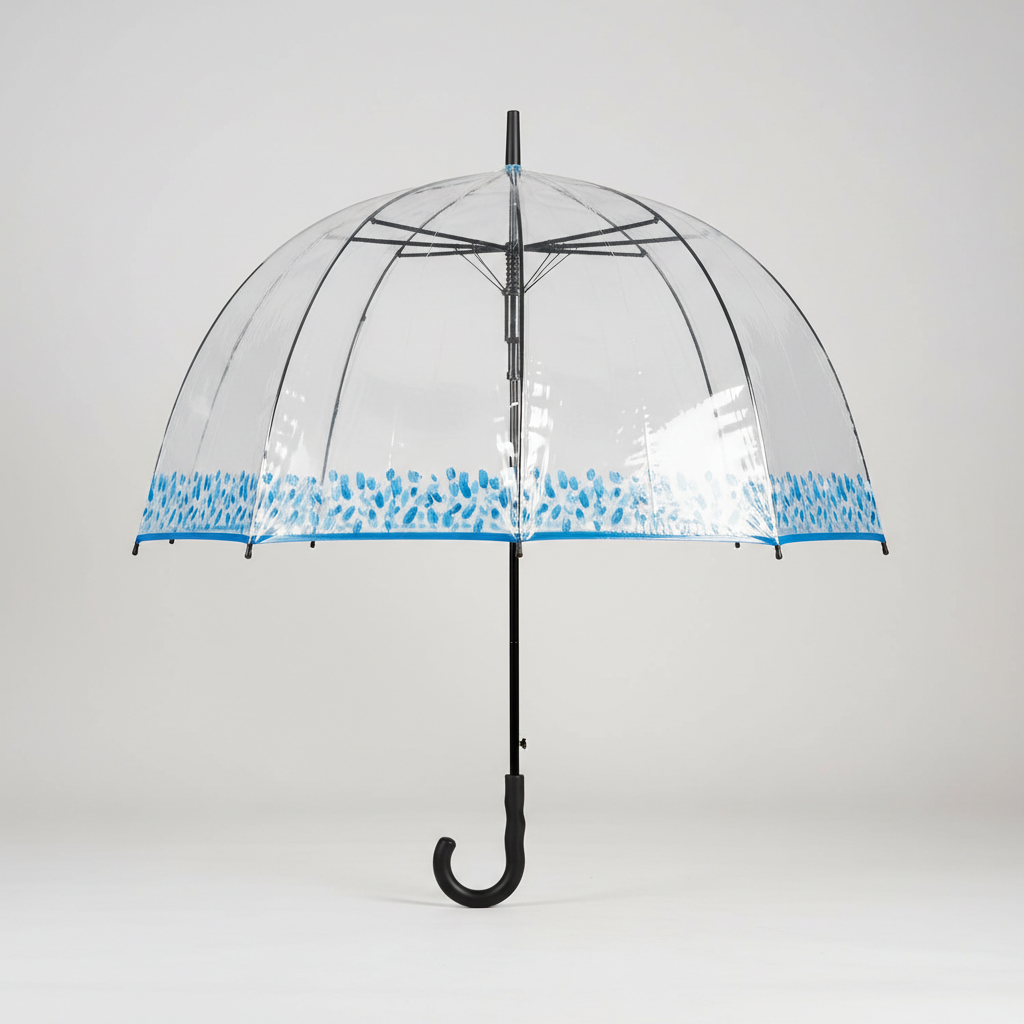 A clear bubble dome umbrella whose only printed decoration is a narrow band of blue brushstrokes sitting just above the hem binding, crossed by every seam, with the rest of the canopy left transparent