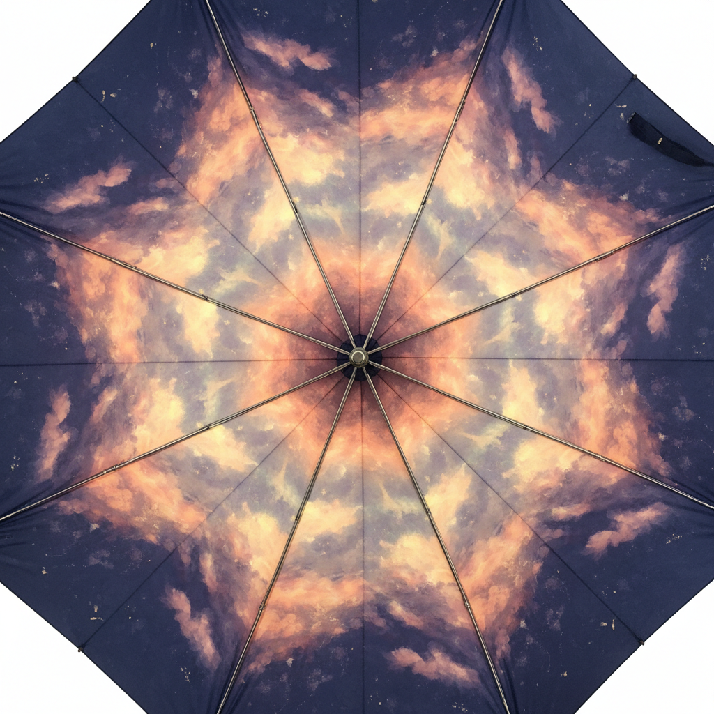 The view the owner actually gets: looking straight up into a printed underside where a painted sunset sky mirrors across each of the eight ribs, deep navy at the rim fading to gold at the centre hub