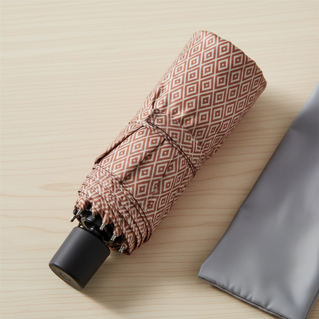 A compact folding umbrella rolled and strapped on a pale table, its terracotta and cream diamond repeat still legible on the broad part of the tube but crushed into unreadable fragments where the fabric gathers down at the rib tips
