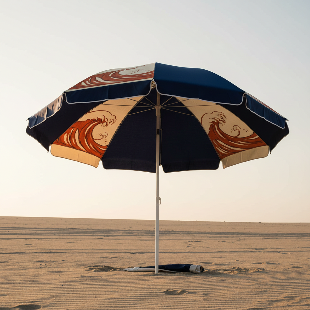 A vented beach umbrella with panels alternating solid navy and cream: the rust wave motif reads clearly on the panels facing the camera, is squeezed to a sliver on the panels turned edge-on, and has its top cropped away by the vent flap above it