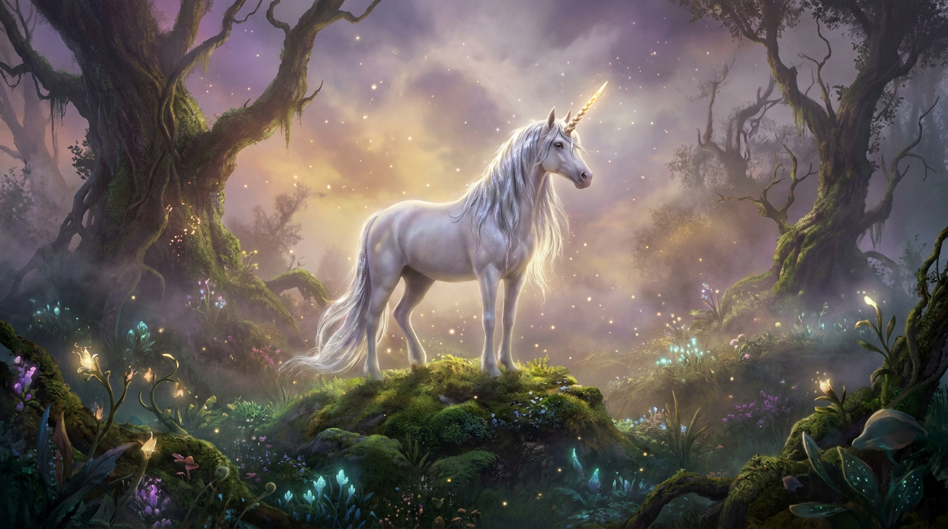 Majestic classic white unicorn with a flowing silvery mane and spiraled golden horn in an enchanted misty meadow, made with the AI unicorn generator