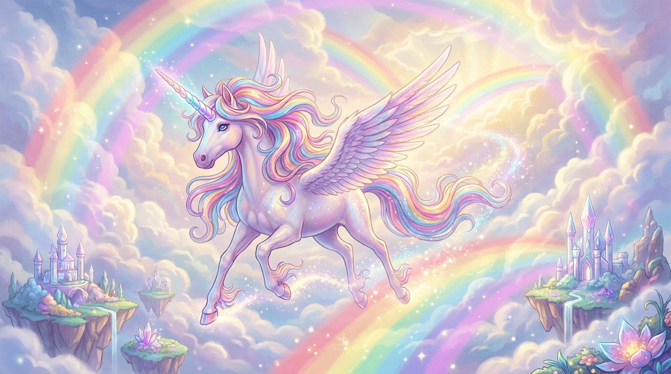 Vibrant rainbow unicorn with a multicolored mane galloping across a sky full of rainbows, created with the AI unicorn generator