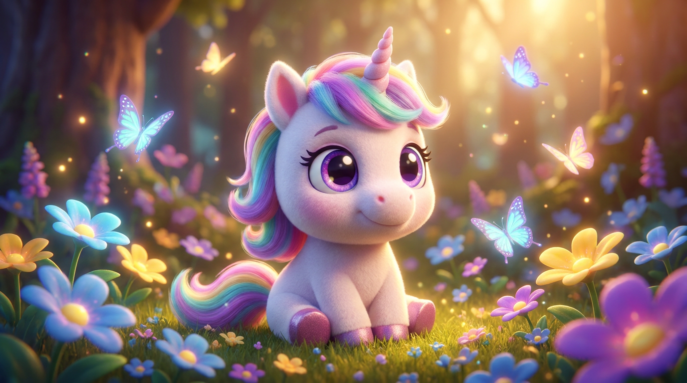 Cute chibi baby unicorn with big sparkling eyes and a fluffy rainbow mane among flowers, generated with the AI unicorn generator