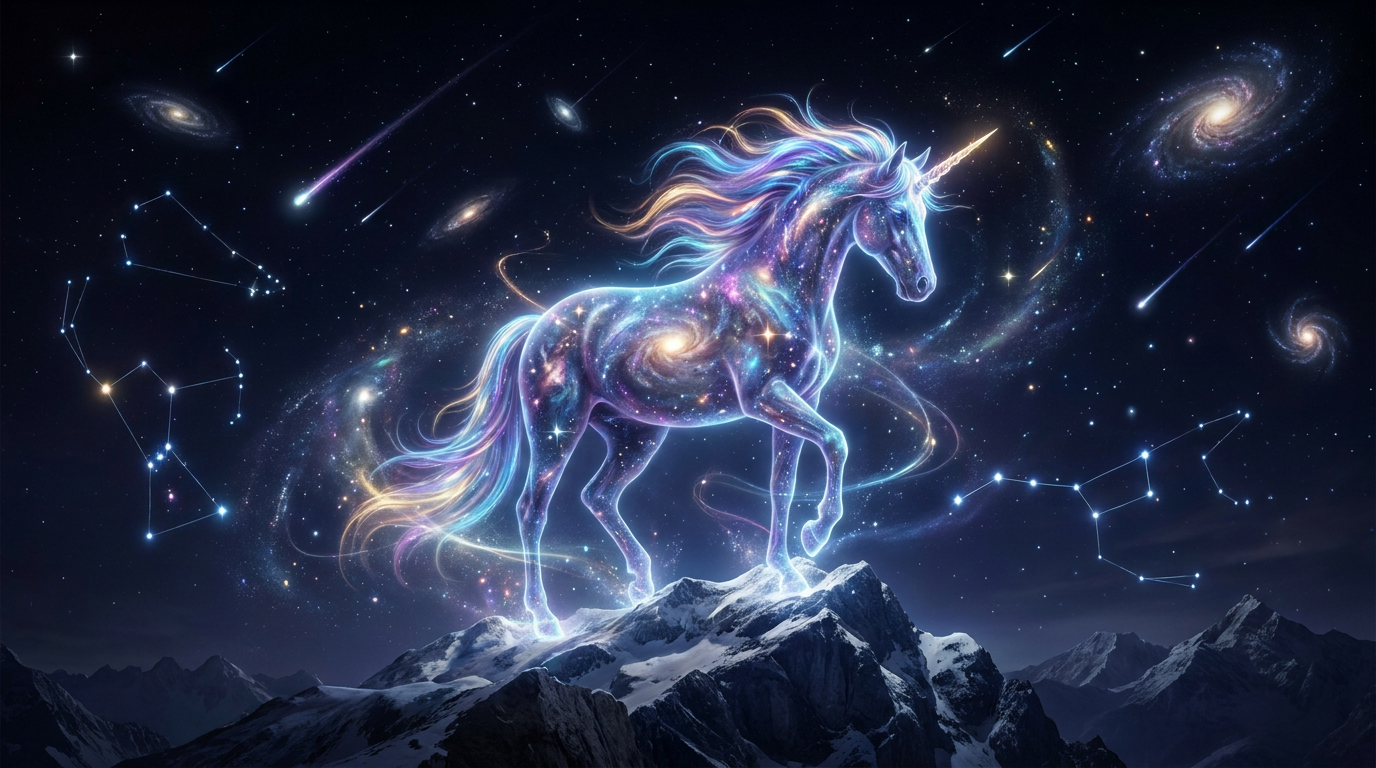 Celestial galaxy unicorn with a cosmic star-filled body and glowing nebula mane under a night sky, made with the AI unicorn generator