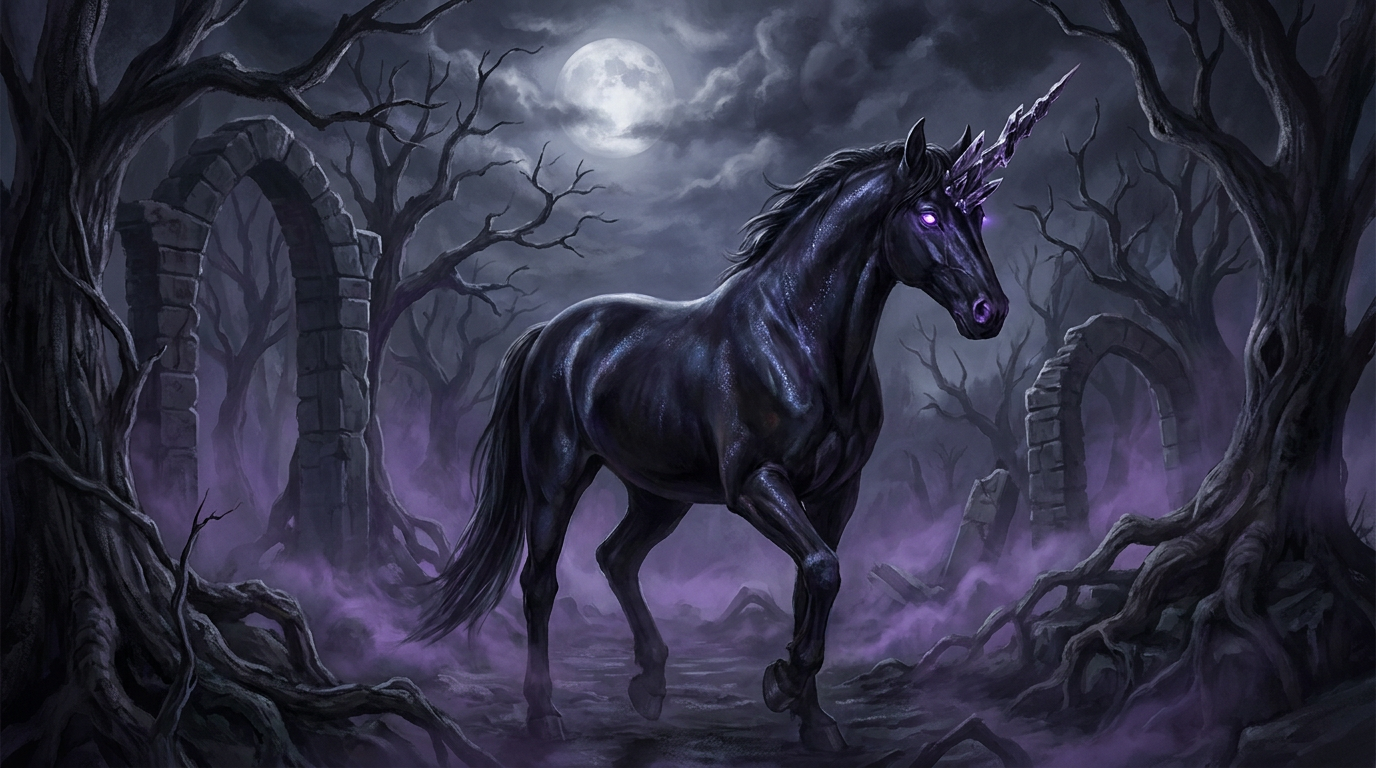 Dark gothic unicorn with a black shimmering coat and glowing violet eyes in a moonlit forest, created with the AI unicorn generator