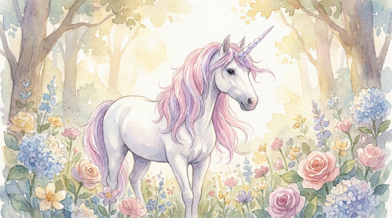 Soft watercolor unicorn with a pastel pink and lavender mane surrounded by blooming flowers, made with the AI unicorn generator