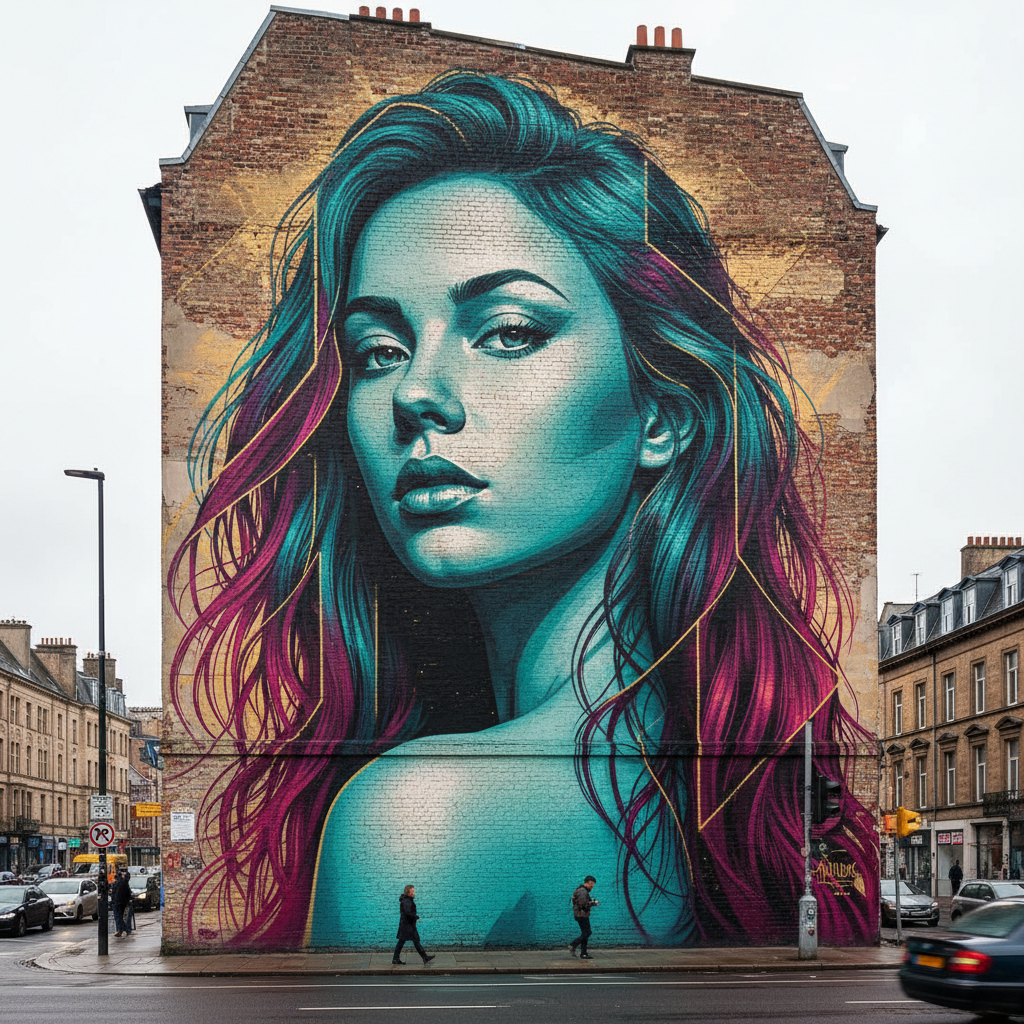 Photorealistic brick wall portrait mural in teal and magenta spray paint made with an AI urban art generator