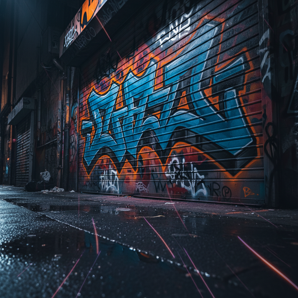 Wildstyle graffiti lettering on a metal alley shutter created as AI urban art at night