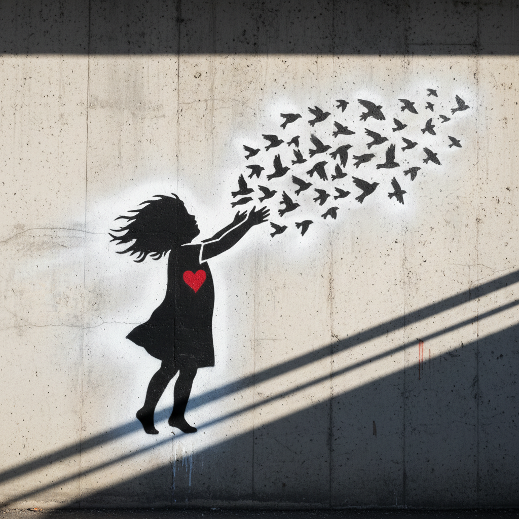 Black and white stencil street art of a child releasing birds with a single red accent