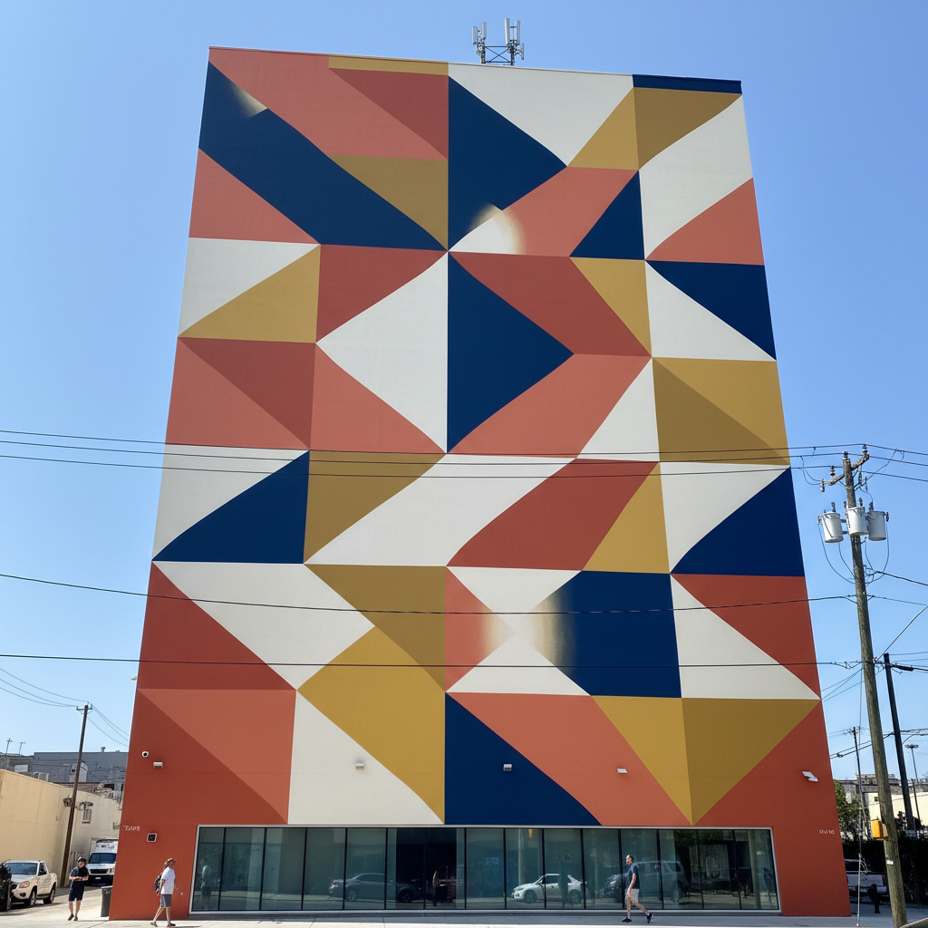 Geometric abstract building mural in coral and navy generated by an AI urban art generator