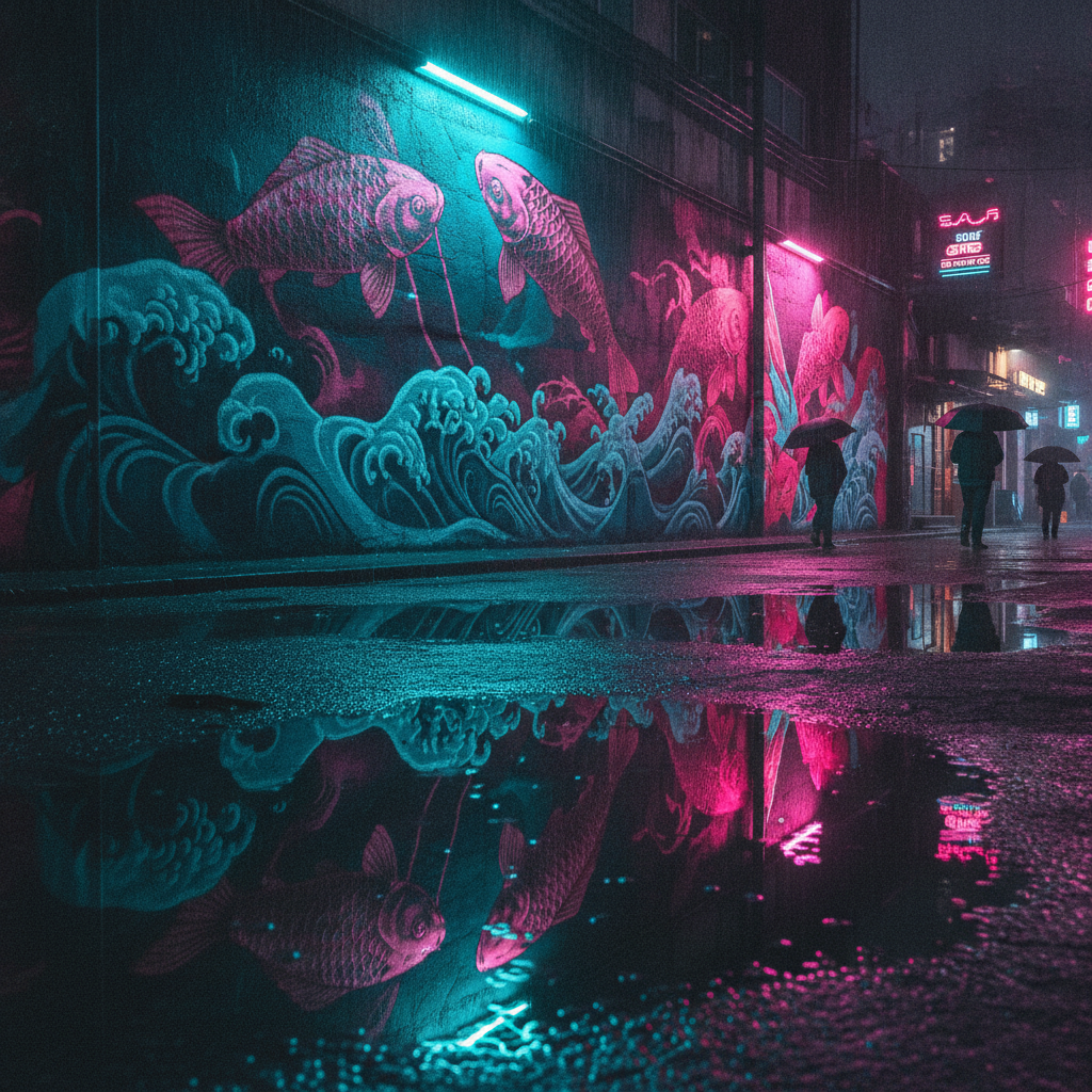 Neon cyberpunk koi mural glowing on a rainy city wall as AI generated urban art