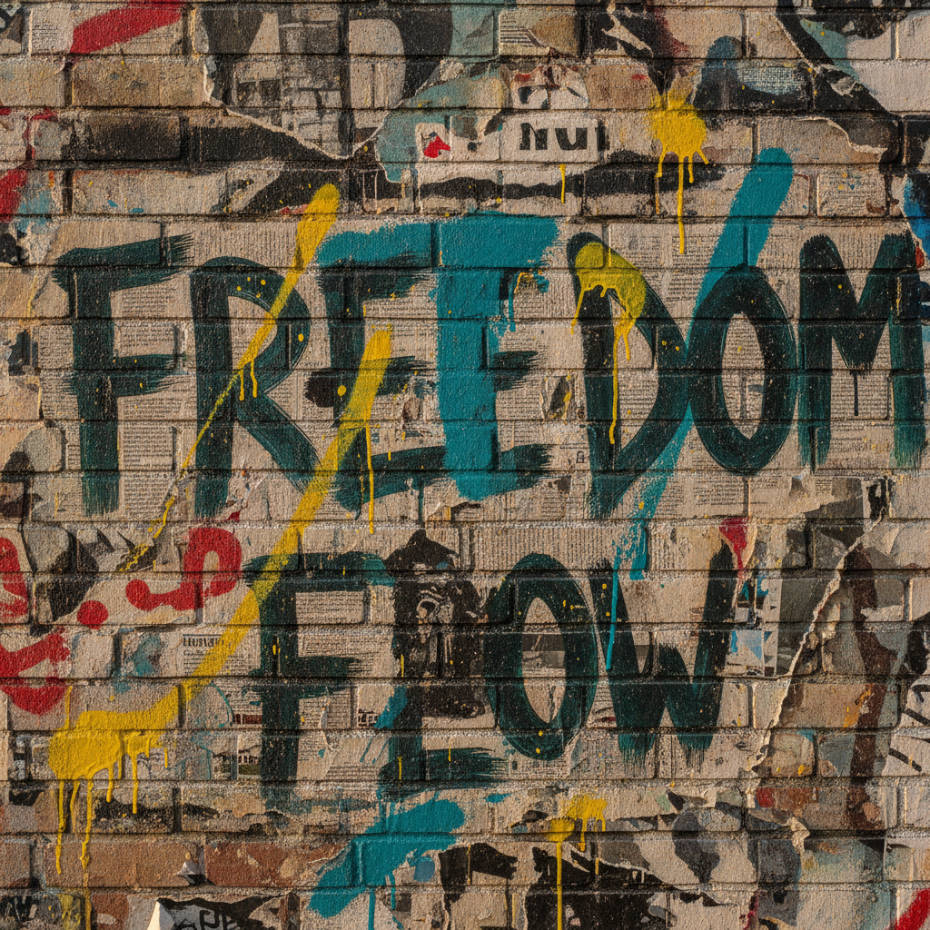 Paste-up collage street art with torn posters and painted typography on a city wall