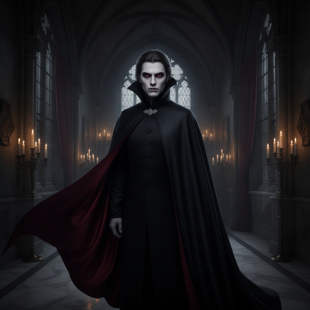 AI vampire generator result showing a person turned into a classic Dracula-style vampire with pale skin, fangs, a black gothic cape and crimson lining in a candlelit castle, real face preserved