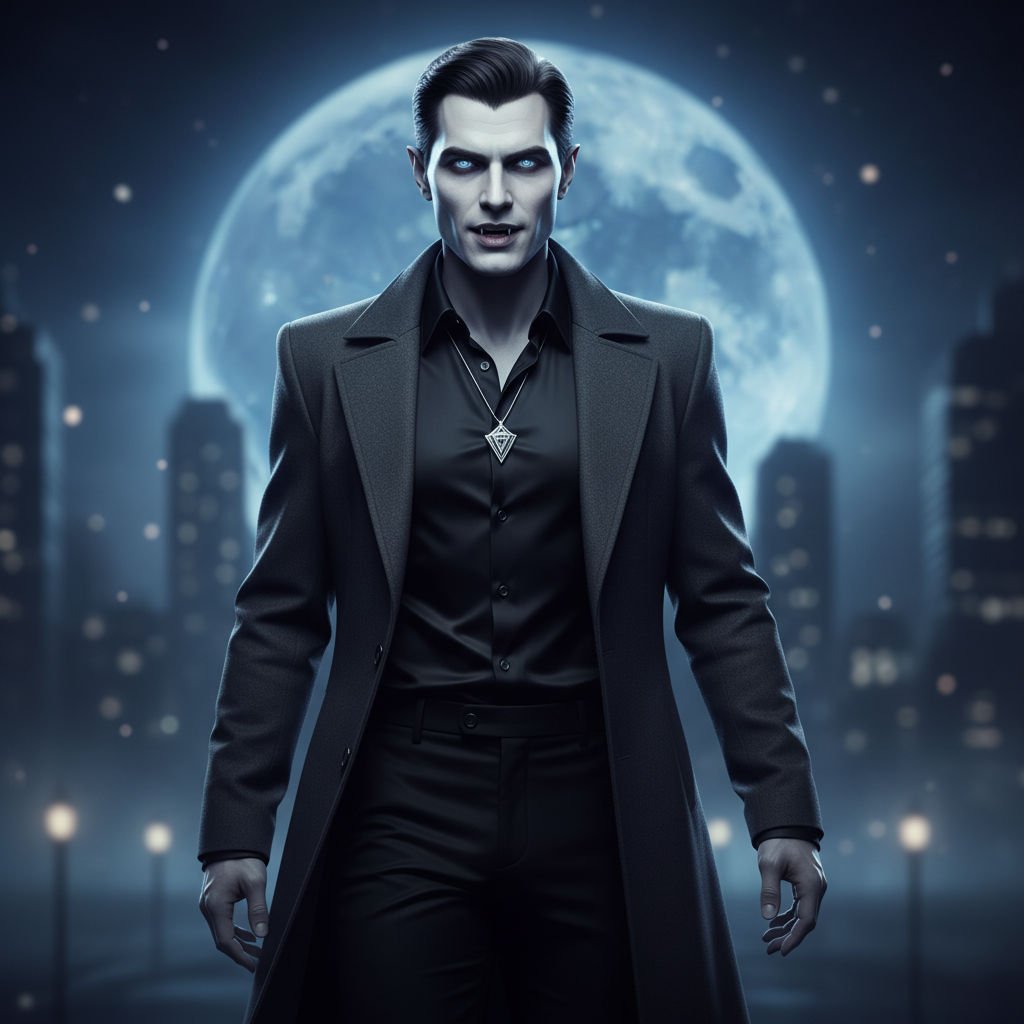 AI vampire generator result showing a person as a sleek modern vampire with flawless pale skin and faintly glowing eyes in a misty moonlit night, real face kept recognizable