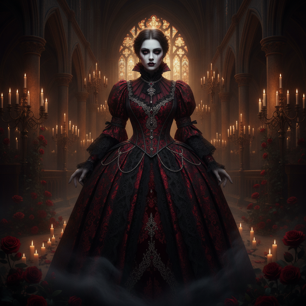 AI vampire generator result showing a person as an elegant gothic Victorian vampire with porcelain skin and an ornate black-and-crimson lace outfit in a candlelit cathedral, real face preserved