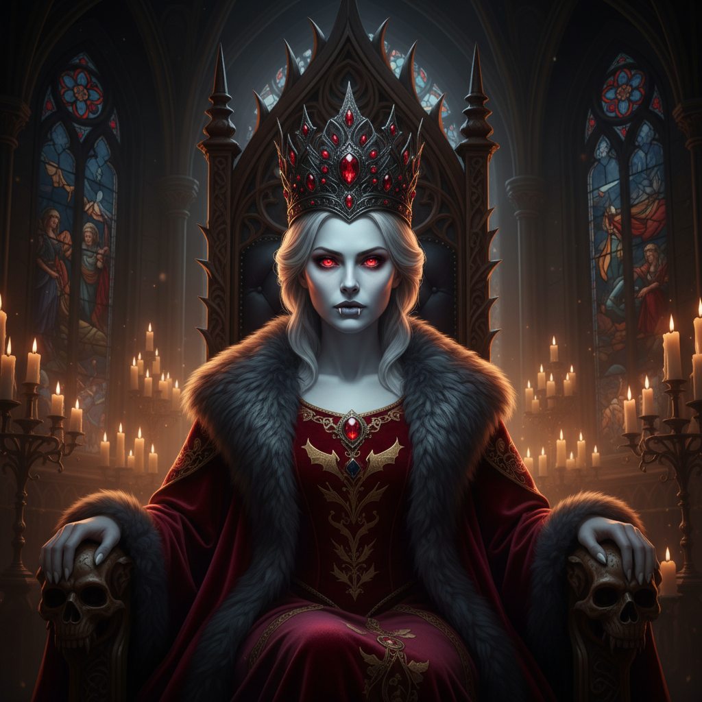 AI vampire generator result showing a person as a regal vampire lord with glowing red eyes, a jeweled crown and a blood-red royal robe on a gothic throne, real face kept recognizable
