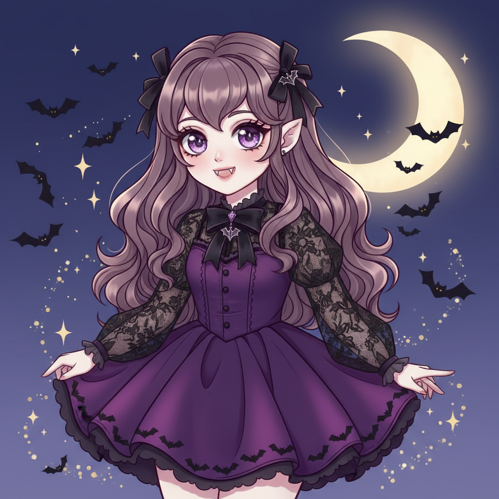 AI vampire generator result showing a person as a cute anime-style vampire with big eyes, small fangs and a bat motif on a purple moonlit background, real facial features recognizable