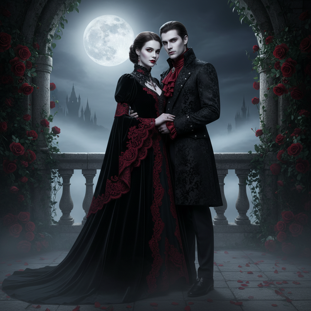 AI vampire generator result showing a couple turned into two matching vampires with pale skin and elegant gothic outfits on a moonlit castle balcony, both real faces preserved