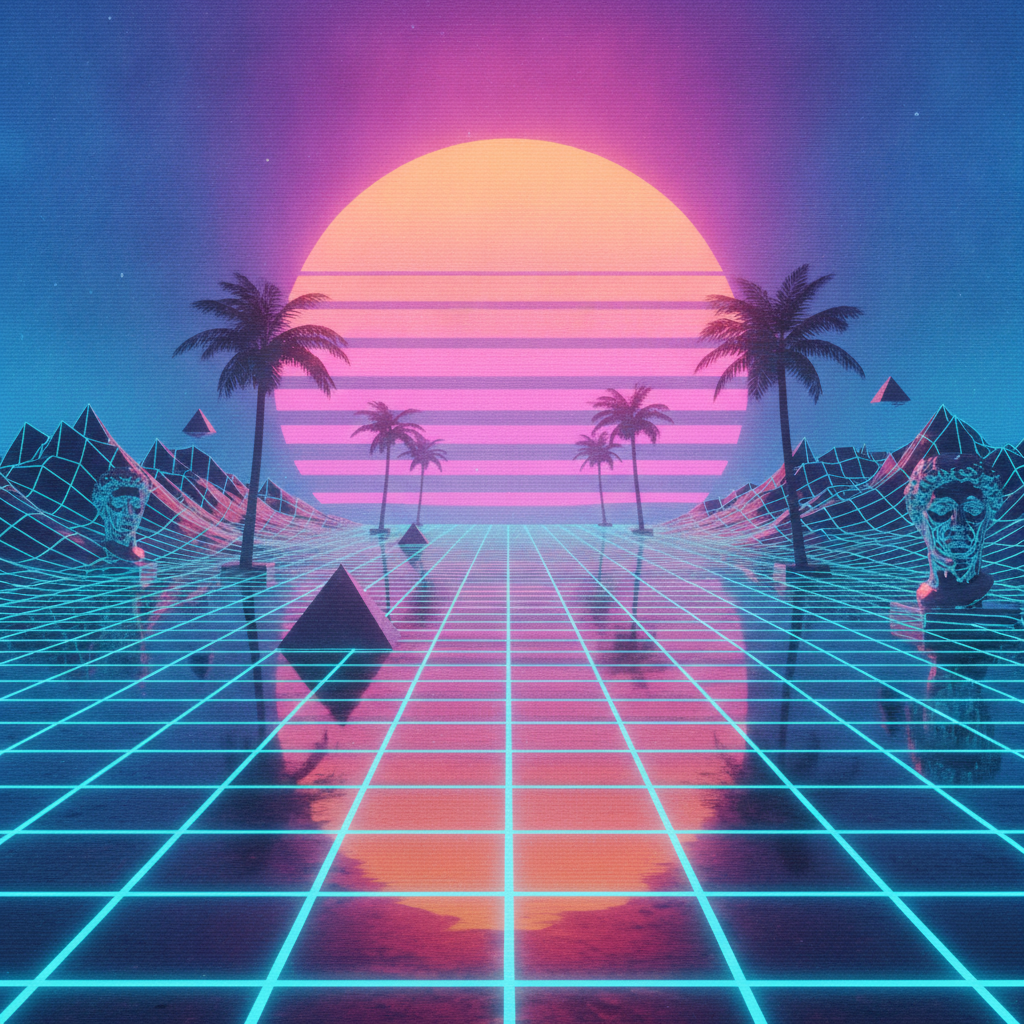 AI vaporwave art generator result showing a retro 1980s neon grid landscape with a giant glowing sun, palm tree silhouettes, and a pink and cyan synthwave sunset