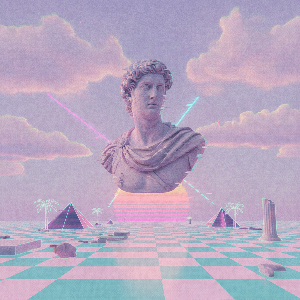 AI vaporwave art generator result showing a Roman marble bust statue floating among pink and purple clouds with neon glitch effects and a glowing checkerboard floor