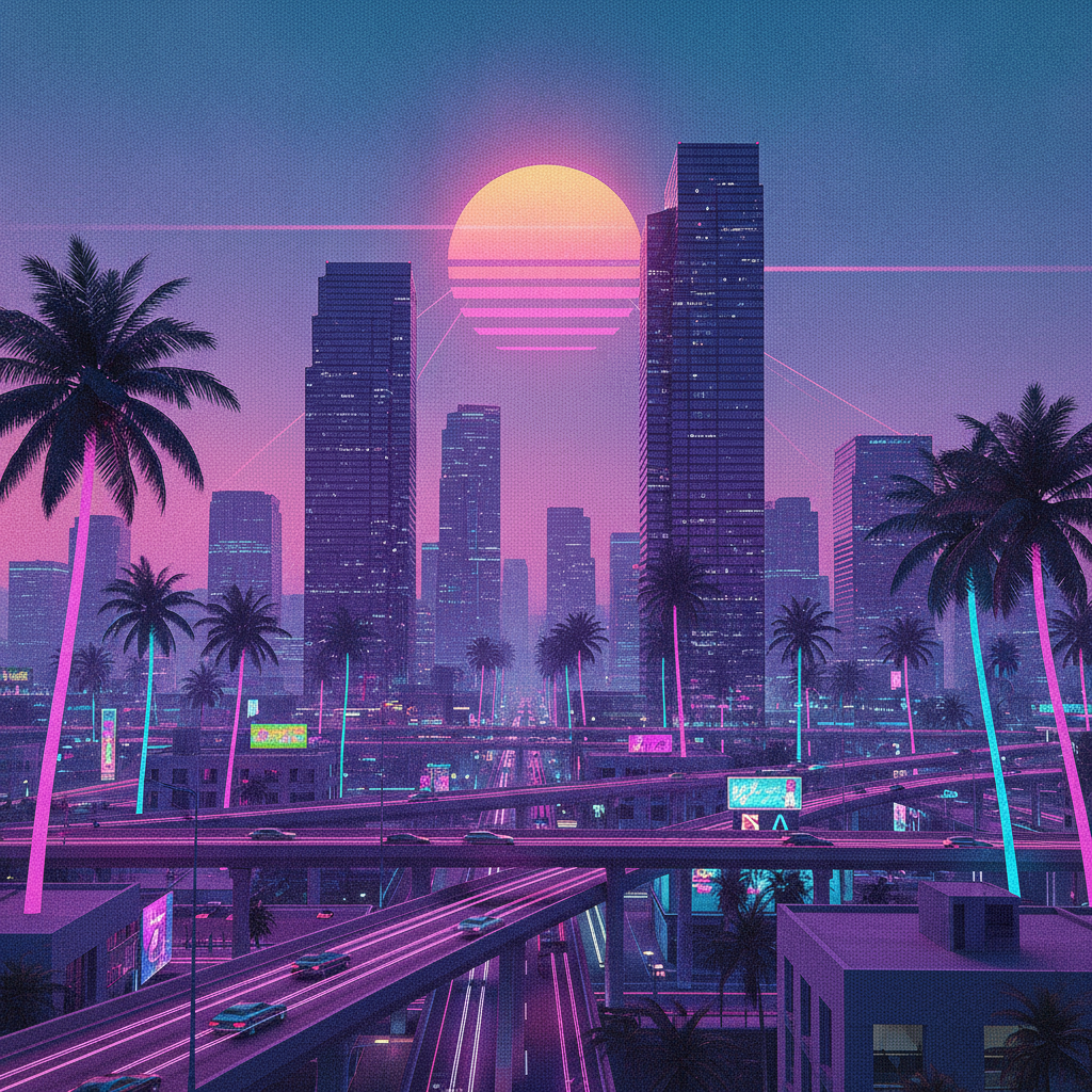 AI vaporwave art generator result showing a retro-futuristic Miami cityscape at night with neon palm trees and a pink and teal gradient sky