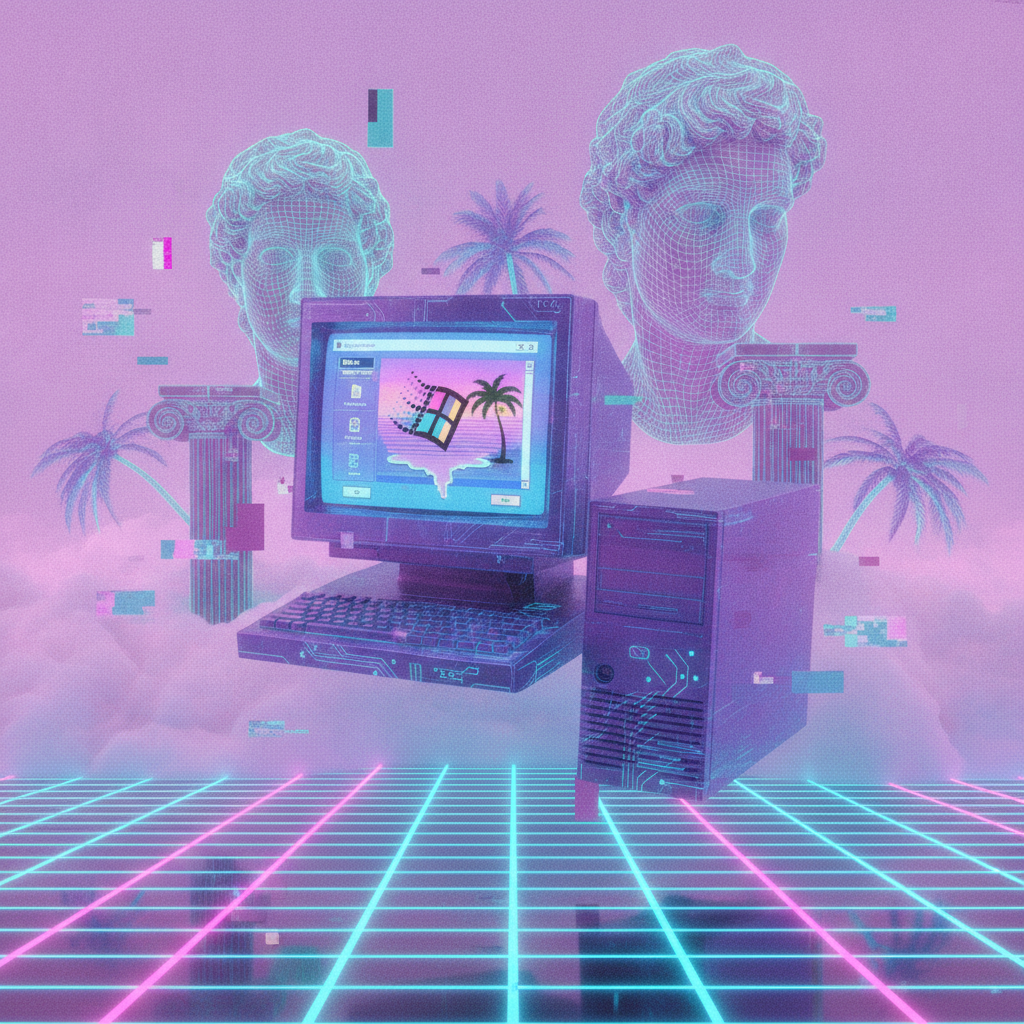 AI vaporwave art generator result showing a retro CRT computer and old Windows interface floating in a pastel pink void with a neon grid and glitch art