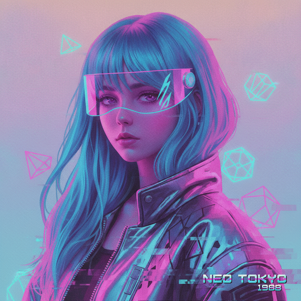 AI vaporwave art generator result showing a retro 80s anime girl portrait with neon pink and blue lighting, glowing geometric shapes, and a pastel gradient background