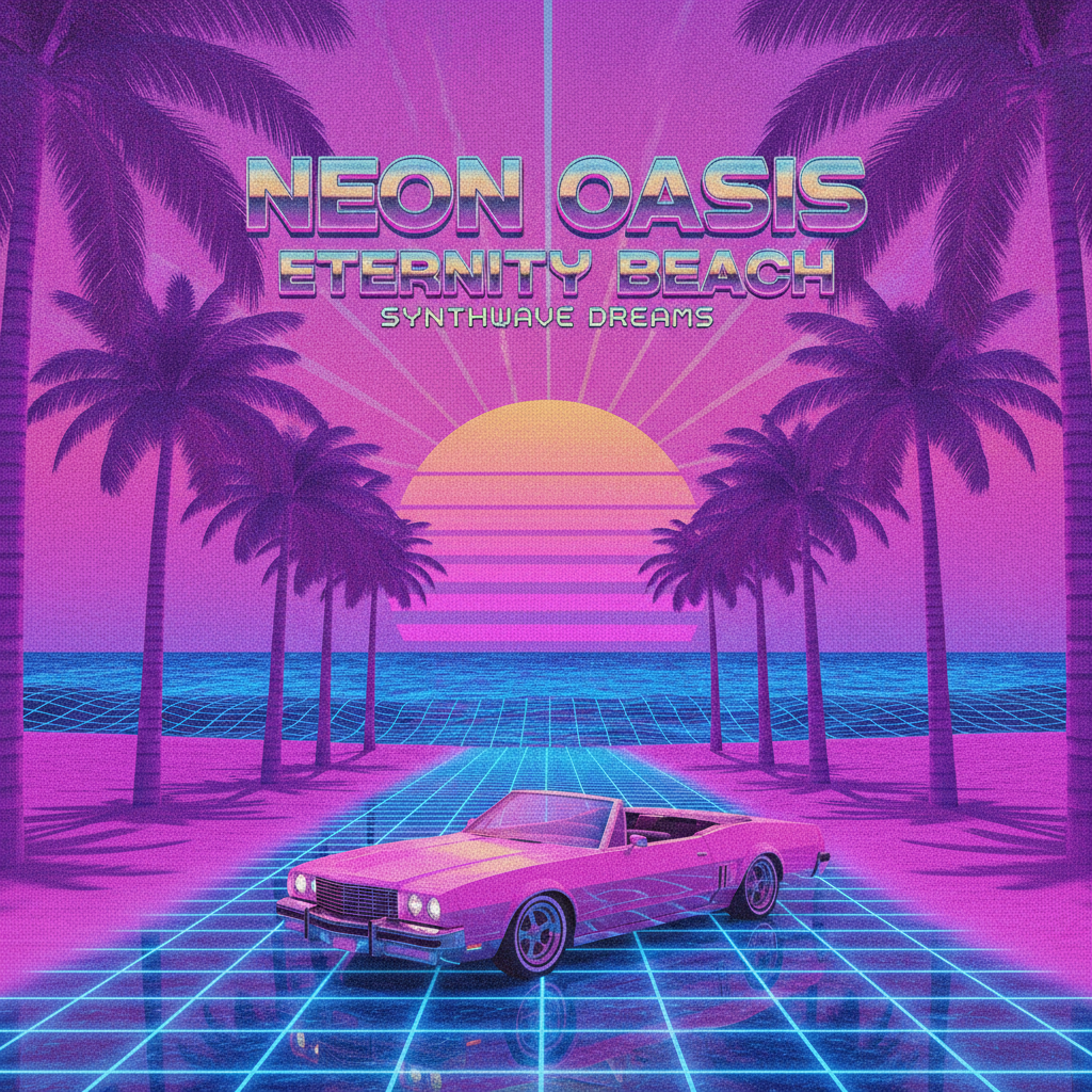 AI vaporwave art generator result showing a pink convertible car on a neon grid road with retro palm trees and a glowing synthwave sunset