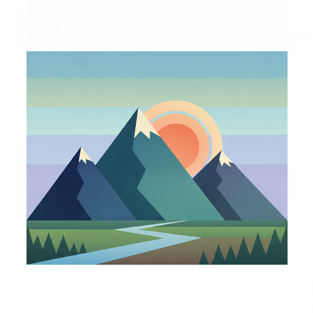AI vector art generator banner — clean flat vector illustration of a minimal mountain landscape with sun and bold geometric shapes, 4K vector image generator output