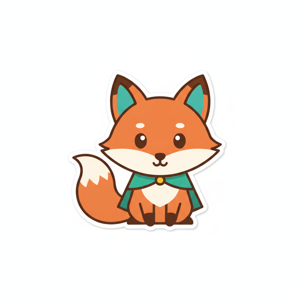 AI vector art generator panel — cute fox mascot character in flat vector style with bold outlines and vibrant flat colors on a white background, vector graphics maker output