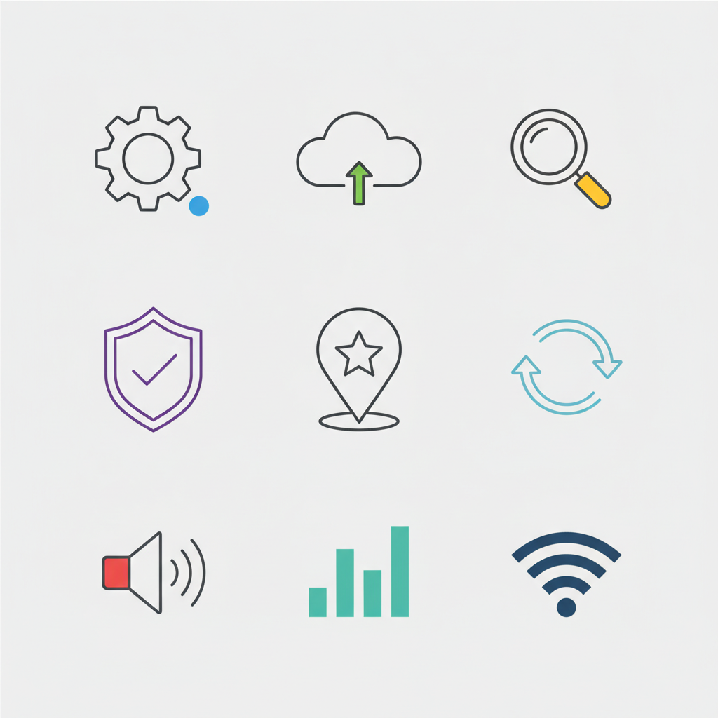 AI vector art generator panel — minimalist monoline line-icon set for a tech app with consistent stroke weight, flat vector illustration generator output