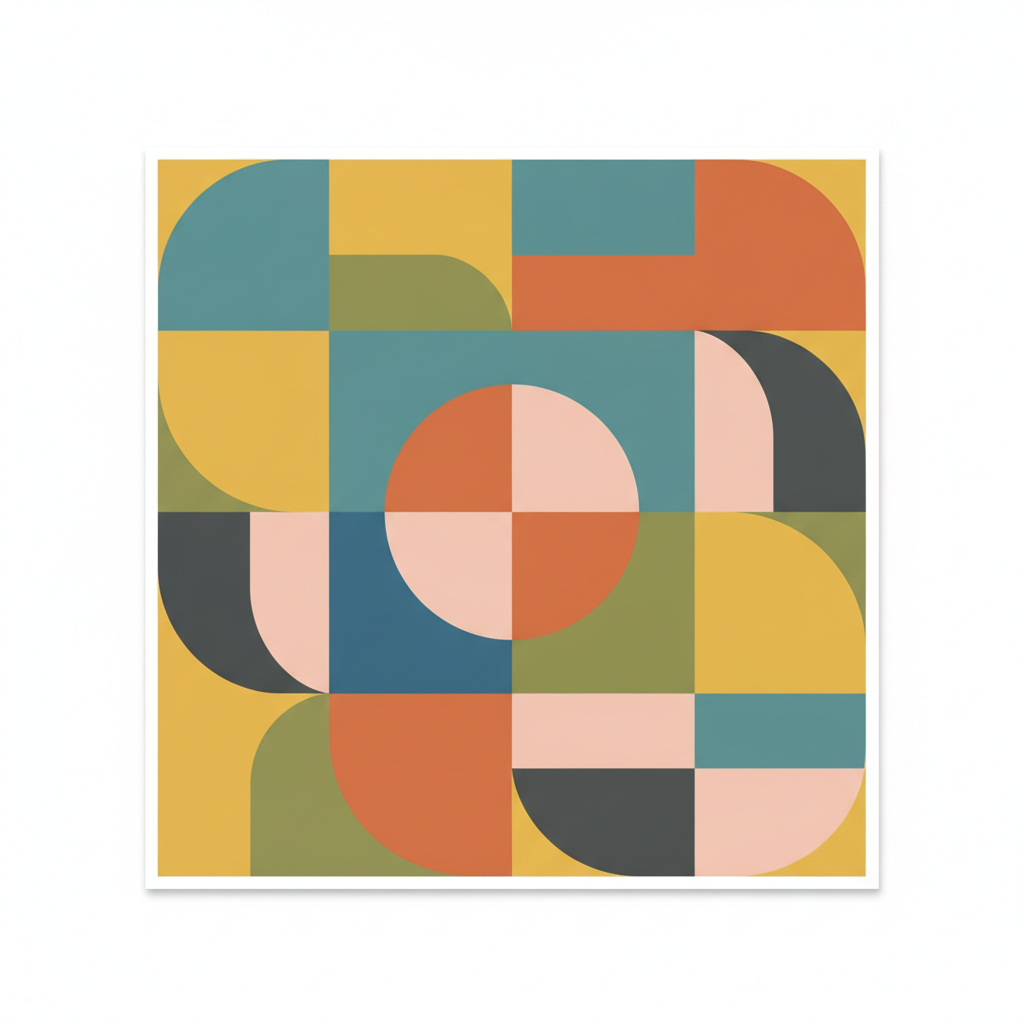 AI vector art generator panel — abstract geometric pattern of overlapping circles and triangles in a bold flat color palette, vector image generator poster art
