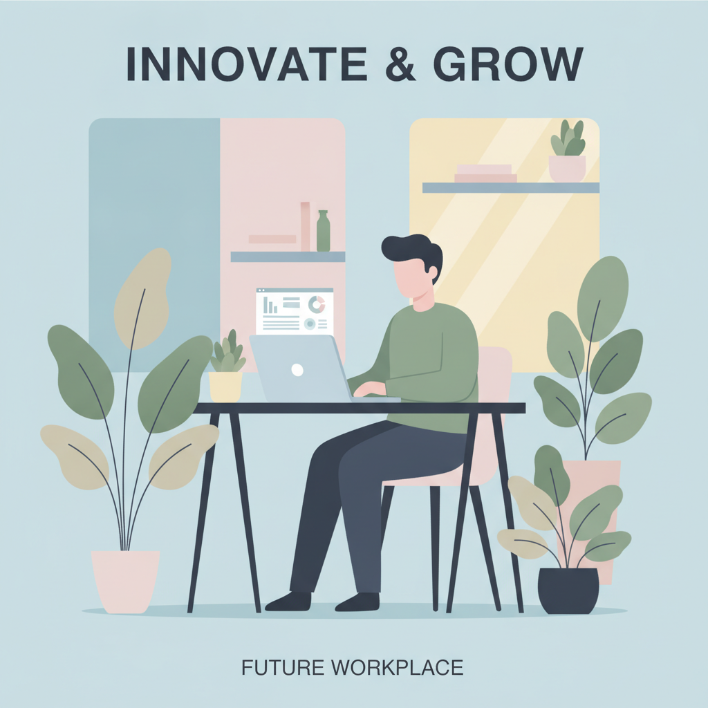AI vector art generator panel — flat-design editorial scene of a person working at a laptop with plants in soft pastel flat colors, ai vector graphics output