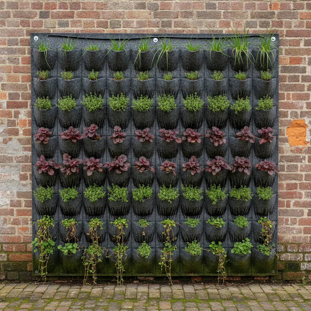 AI vertical garden design generator result: a charcoal felt pocket planting wall with trailing plants, red heuchera and grasses, fixed to a spalled red brick wall