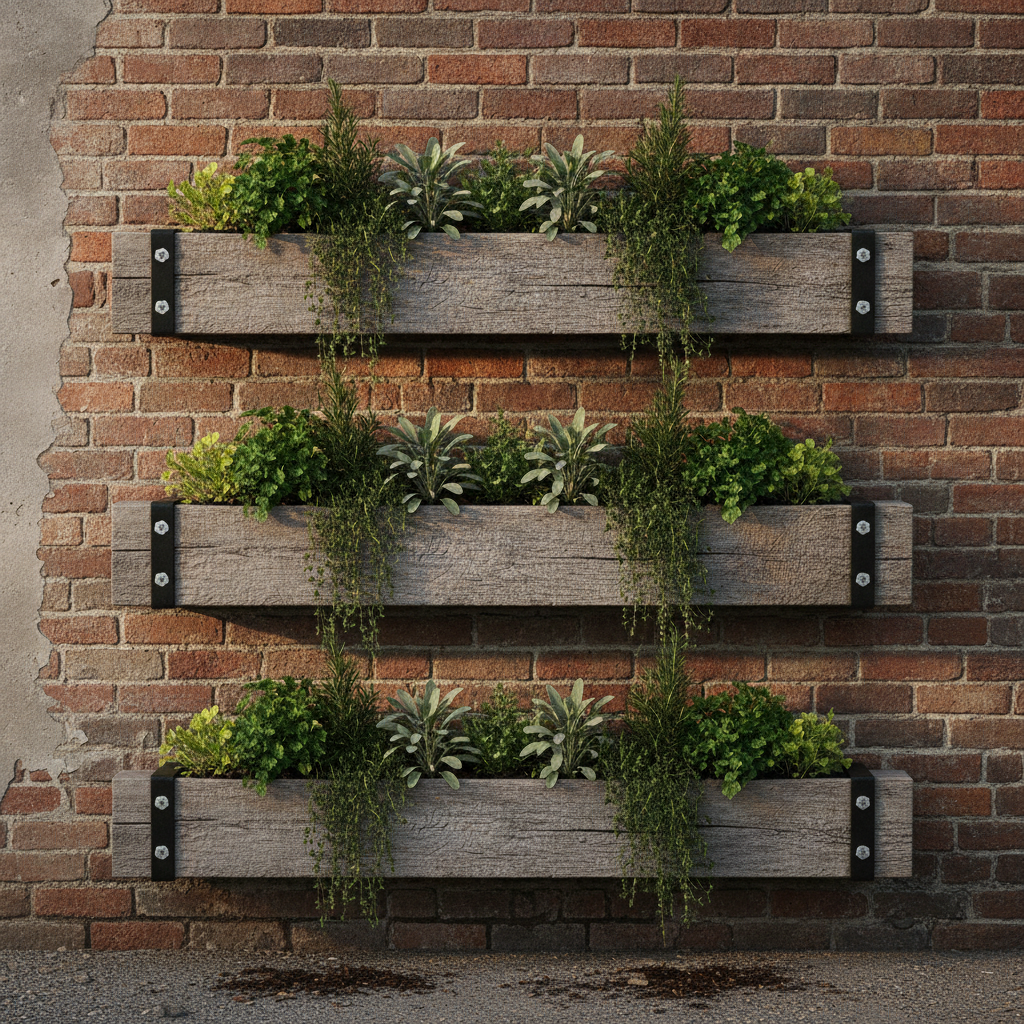 AI vertical garden design generator result: three reclaimed scaffold-board troughs stacked on black steel brackets and planted with parsley, sage, rosemary and thyme