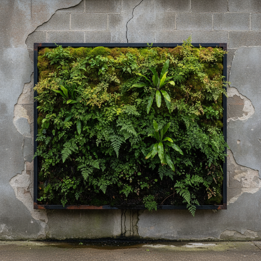 AI vertical garden design generator result: a dense fern and moss living wall in a blackened steel frame on render blown back to bare blockwork