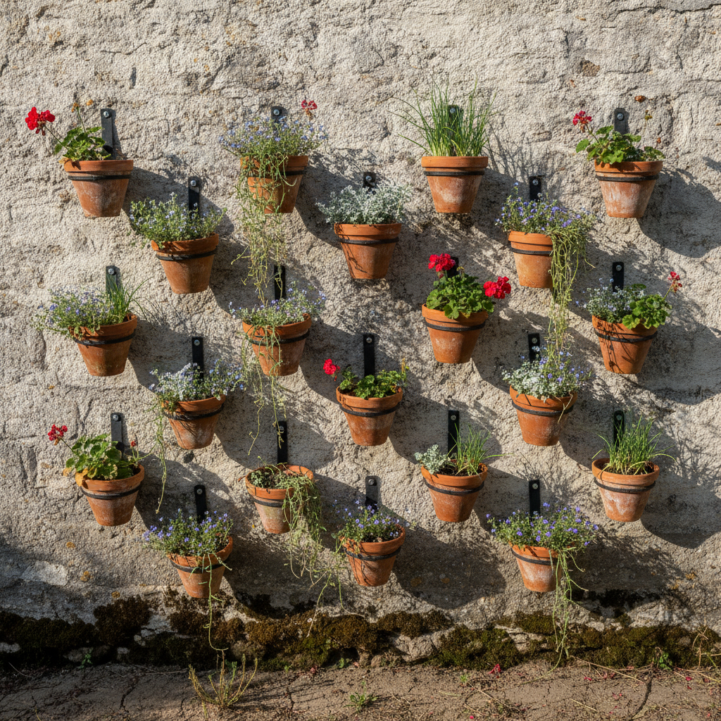 AI vertical garden design generator result: terracotta pots hung on black iron rings against an old limewashed stone wall in hard afternoon sun