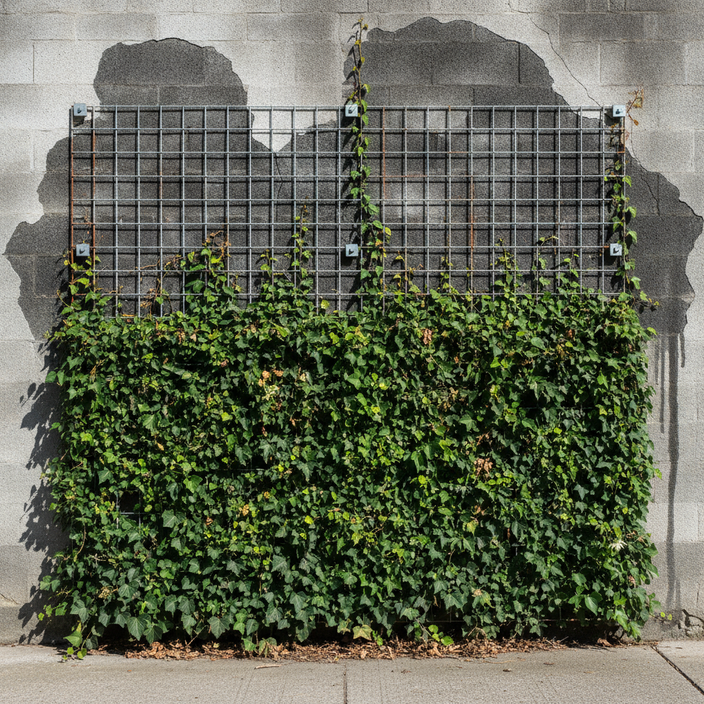 AI vertical garden design generator result: ivy trained through a galvanised steel mesh panel covering the lower two thirds, on a damaged rendered wall