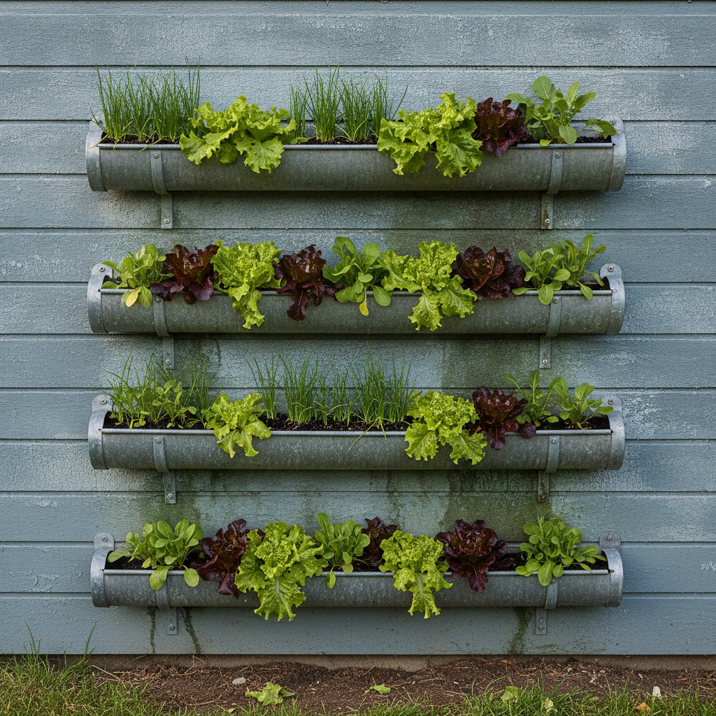 AI vertical garden design generator result: four galvanised gutters stacked on chalky blue-grey weatherboarding and planted with lettuce, chives and rocket