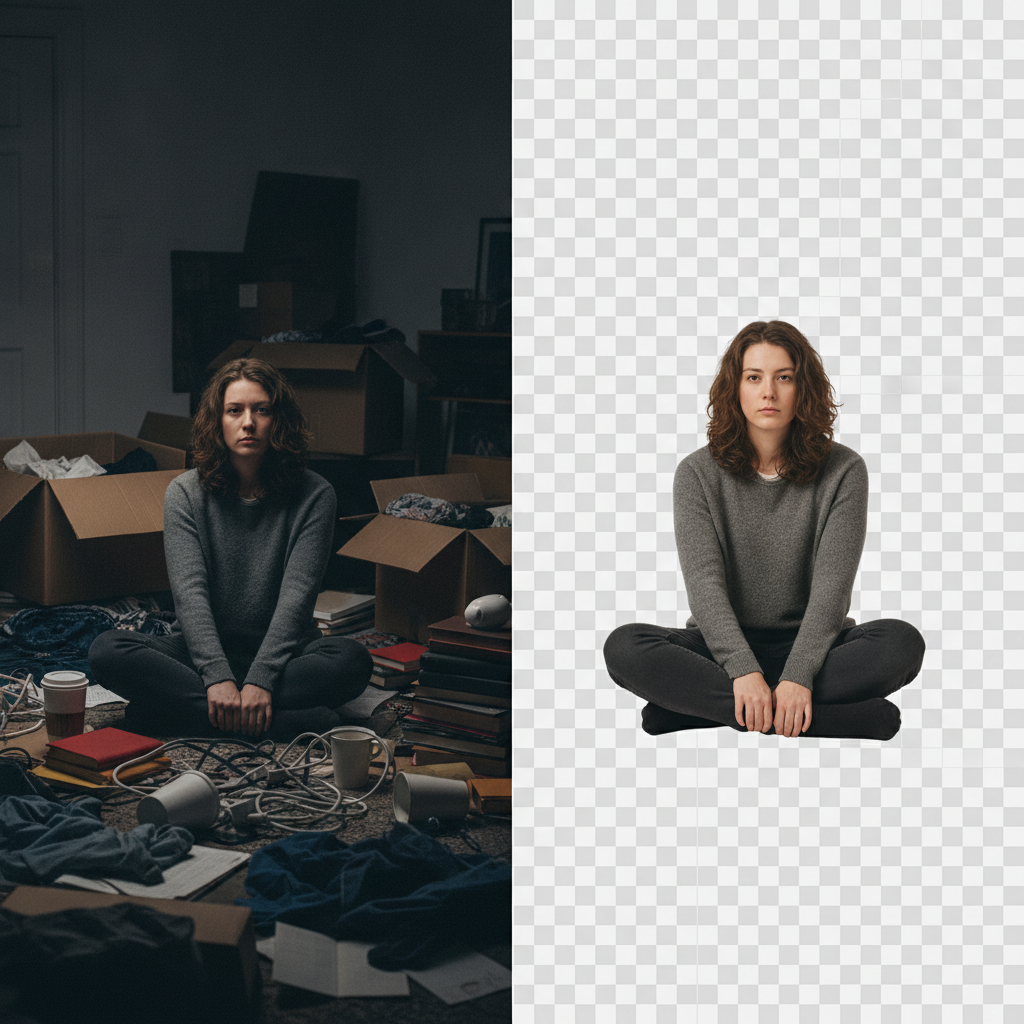 AI video background remover before and after showing a person cleanly cut out on a transparent background