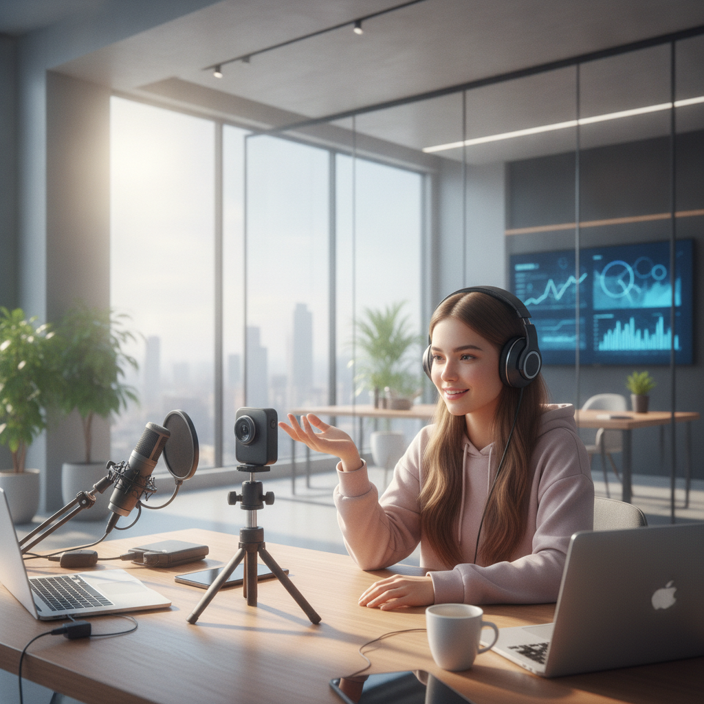 Vlogger with a messy room background replaced by a sleek virtual office using AI background removal