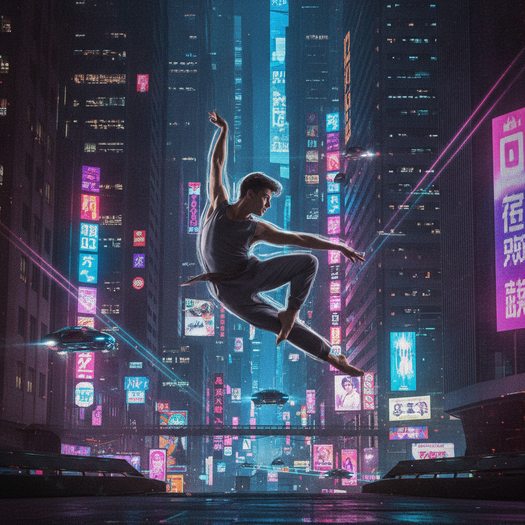 Dancer isolated from footage and composited onto a neon cyberpunk city background with no green screen