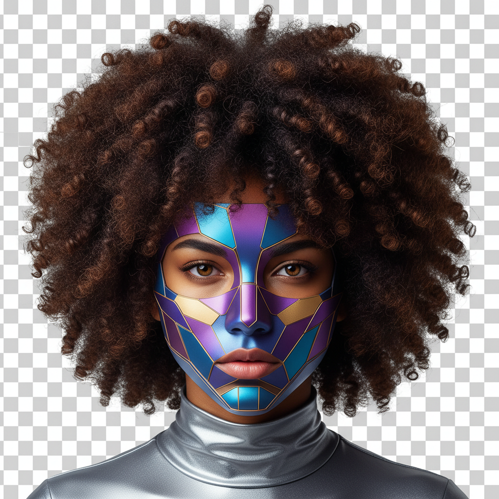 Close-up portrait with curly hair perfectly masked, showing pixel-perfect AI background removal