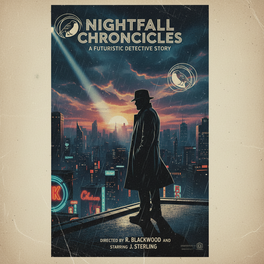 AI video editing software — cinematic short film movie poster keyart with dramatic backlight, hero character silhouette, atmospheric color grading, film noir aesthetic, indie cinema festival quality