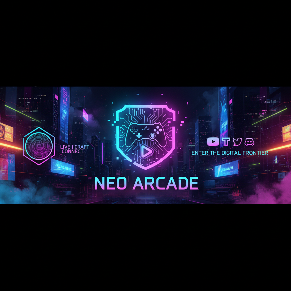 AI video editing software — YouTube channel banner art with futuristic cyberpunk theme, neon gradients, gaming creator aesthetic, professional broadcaster branding, dark moody background